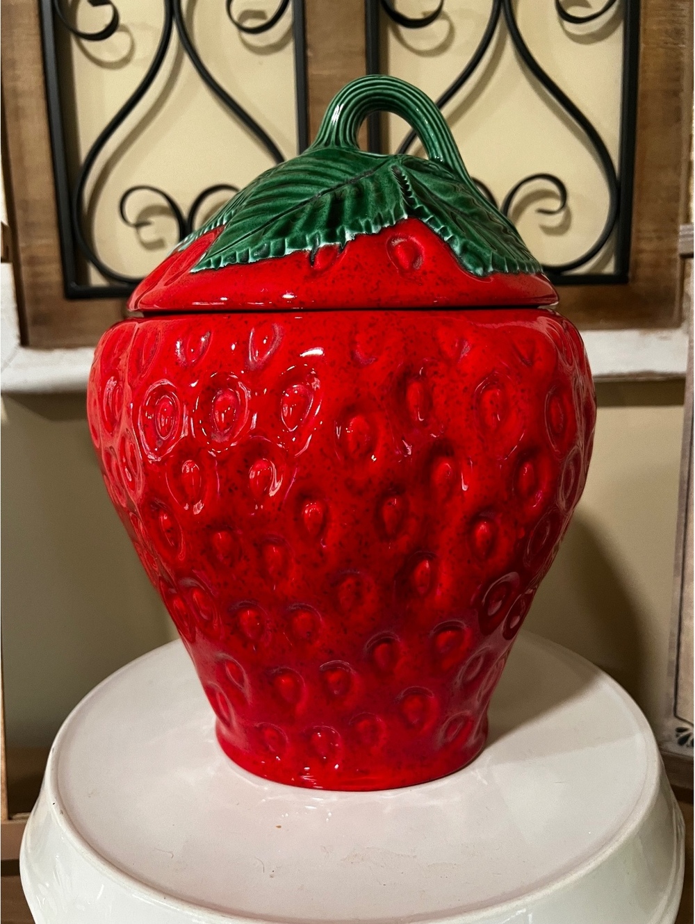 Vintage Strawberry Ceramic Cookie Jar with Stem Lid 11” tall